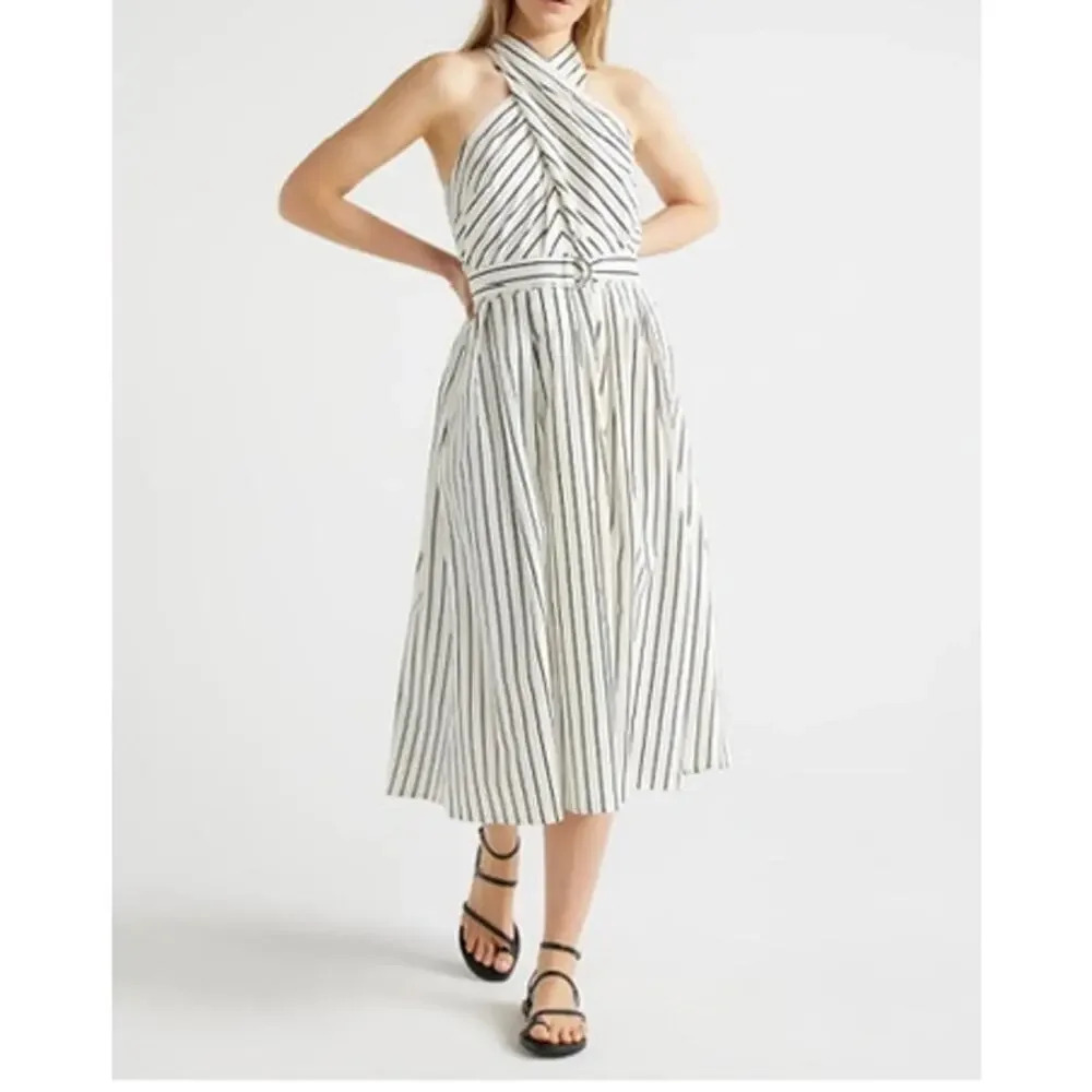 Scoop Belted‎ Halter Midi Dress Women's L White Black Lined Minimalist